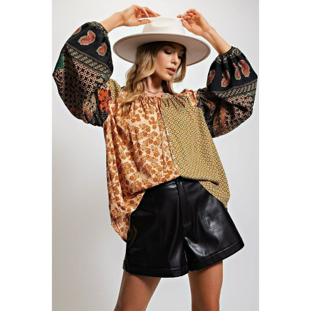 Easel Love Language Boho Flowy Blouse in Camel ET18300